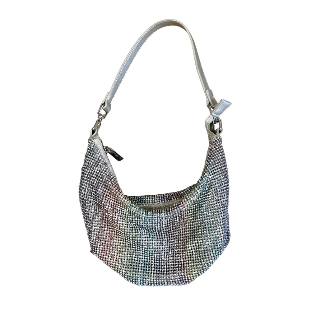 Urban Outfitters Rainbow Rhinestone Mesh Hobo Shoulder Bag Silver Y2K Sparkly